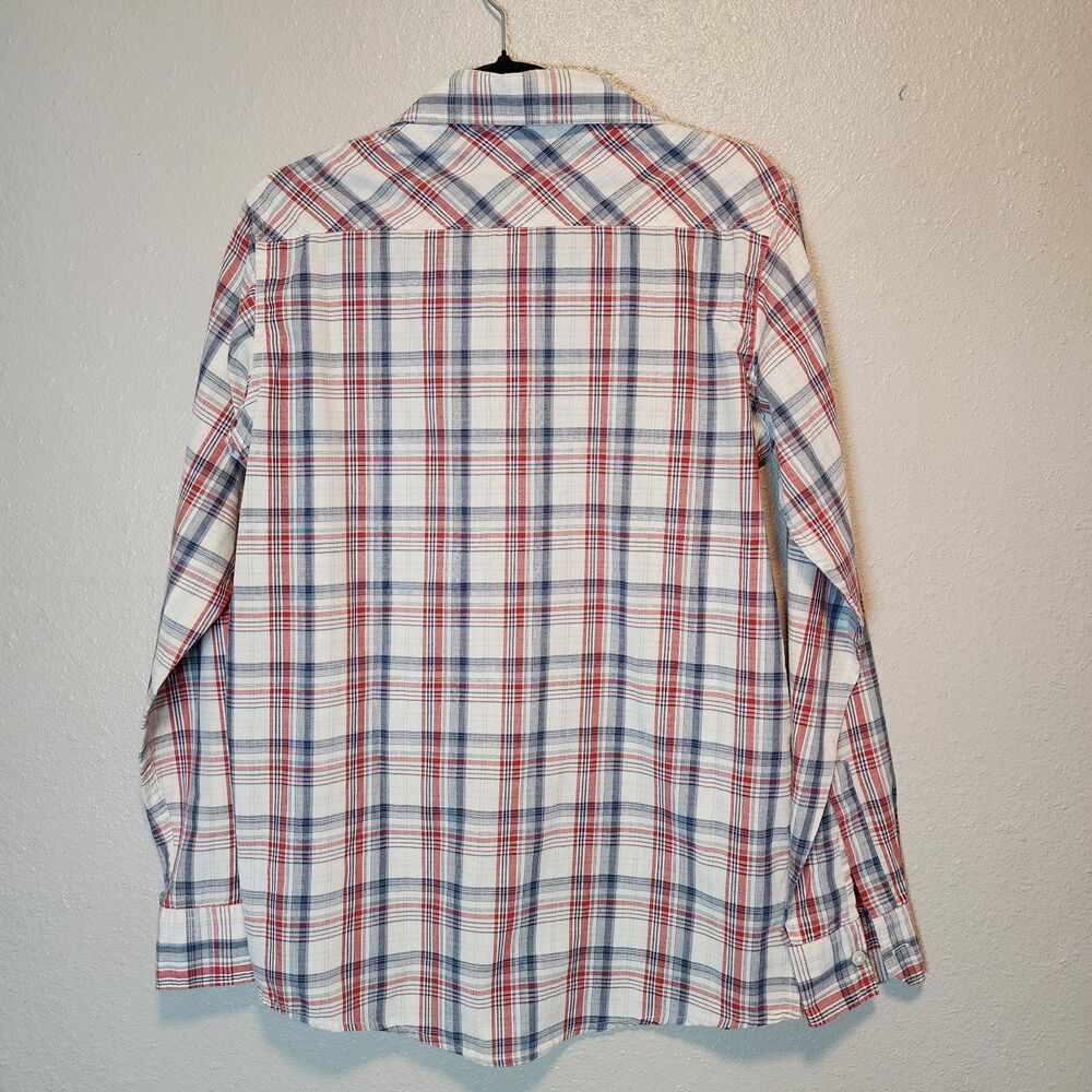 Wrangler Jeans Co Mens SM Plaid Long Sleeve Western Shirt Red White Blue Pockets - Picture 2 of 4